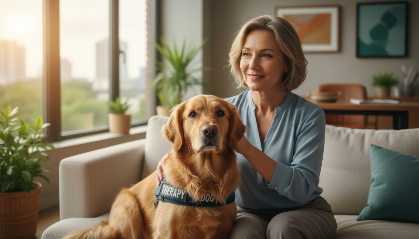 A heartwarming and professional close-up of a calm therapy dog (Golden Retriever) sitting next to its owner in a bright, modern living room or home office environment. The image should be sharp, high-quality, and evoke a sense of trust and partnership. Professional lighting.